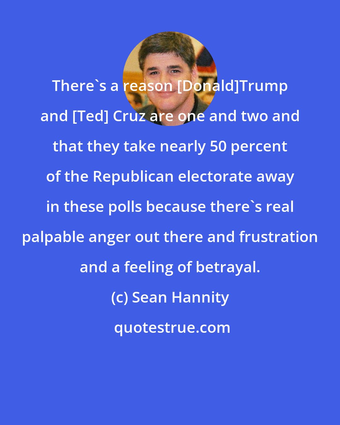 Sean Hannity: There's a reason [Donald]Trump and [Ted] Cruz are one and two and that they take nearly 50 percent of the Republican electorate away in these polls because there's real palpable anger out there and frustration and a feeling of betrayal.