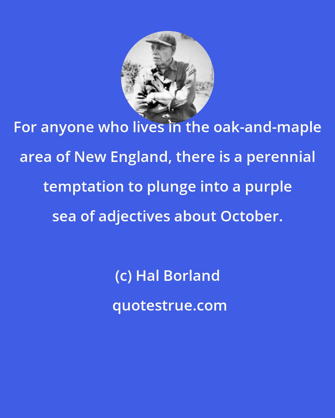 Hal Borland: For anyone who lives in the oak-and-maple area of New England, there is a perennial temptation to plunge into a purple sea of adjectives about October.