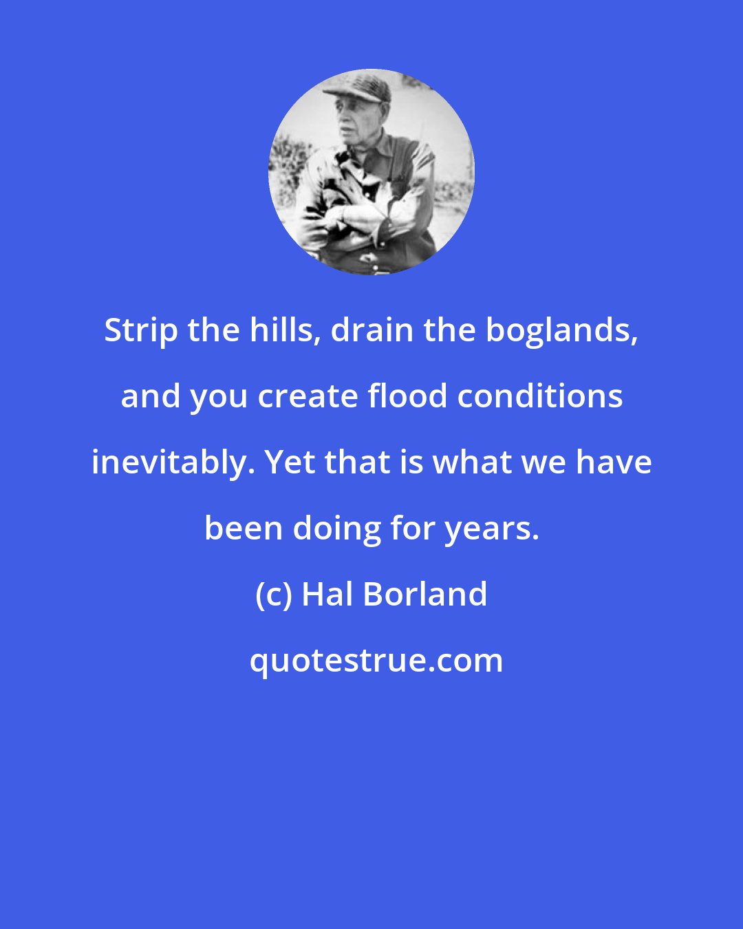 Hal Borland: Strip the hills, drain the boglands, and you create flood conditions inevitably. Yet that is what we have been doing for years.