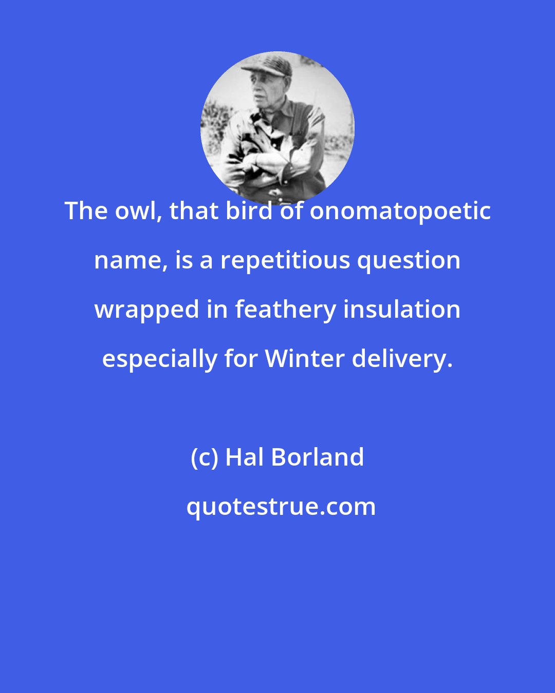 Hal Borland: The owl, that bird of onomatopoetic name, is a repetitious question wrapped in feathery insulation especially for Winter delivery.