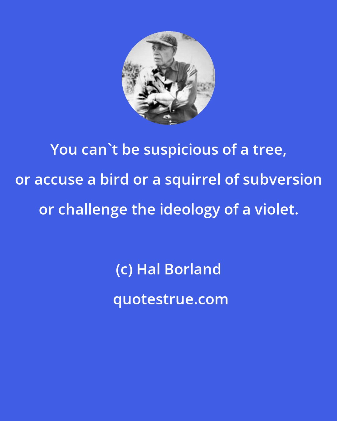 Hal Borland: You can't be suspicious of a tree, or accuse a bird or a squirrel of subversion or challenge the ideology of a violet.