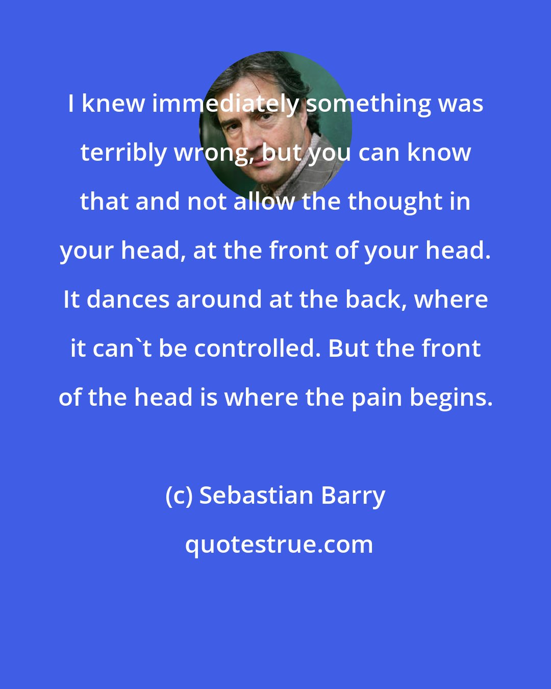 Sebastian Barry: I knew immediately something was terribly wrong, but you can know that and not allow the thought in your head, at the front of your head. It dances around at the back, where it can't be controlled. But the front of the head is where the pain begins.