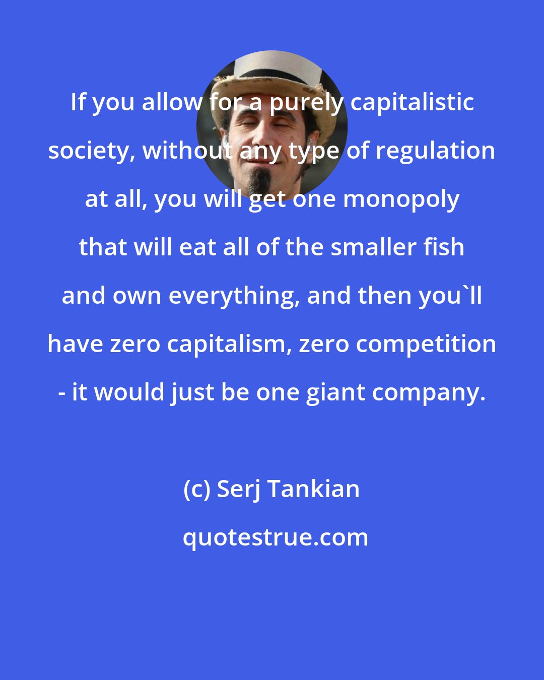 Serj Tankian: If you allow for a purely capitalistic society, without any type of regulation at all, you will get one monopoly that will eat all of the smaller fish and own everything, and then you'll have zero capitalism, zero competition - it would just be one giant company.