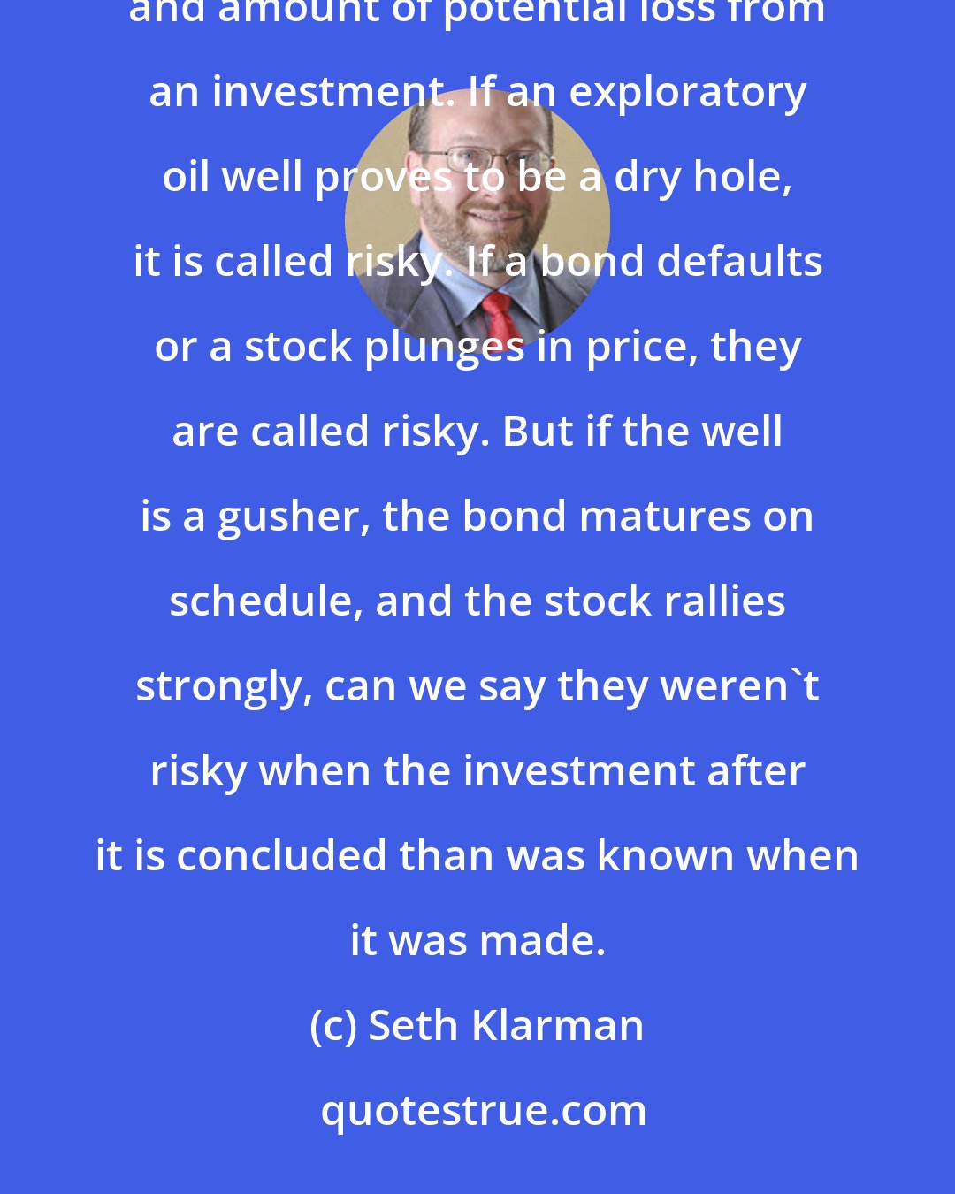 Seth Klarman: Rather, risk is a perception in each investor's mind that results from analysis of the probability and amount of potential loss from an investment. If an exploratory oil well proves to be a dry hole, it is called risky. If a bond defaults or a stock plunges in price, they are called risky. But if the well is a gusher, the bond matures on schedule, and the stock rallies strongly, can we say they weren't risky when the investment after it is concluded than was known when it was made.