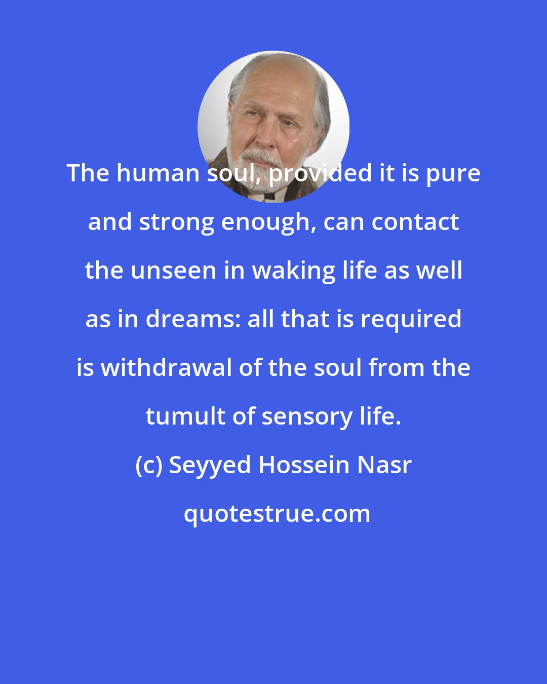 Seyyed Hossein Nasr: The human soul, provided it is pure and strong enough, can contact the unseen in waking life as well as in dreams: all that is required is withdrawal of the soul from the tumult of sensory life.