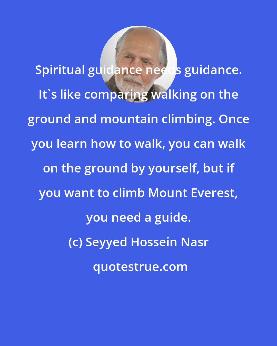 Seyyed Hossein Nasr: Spiritual guidance needs guidance. It's like comparing walking on the ground and mountain climbing. Once you learn how to walk, you can walk on the ground by yourself, but if you want to climb Mount Everest, you need a guide.