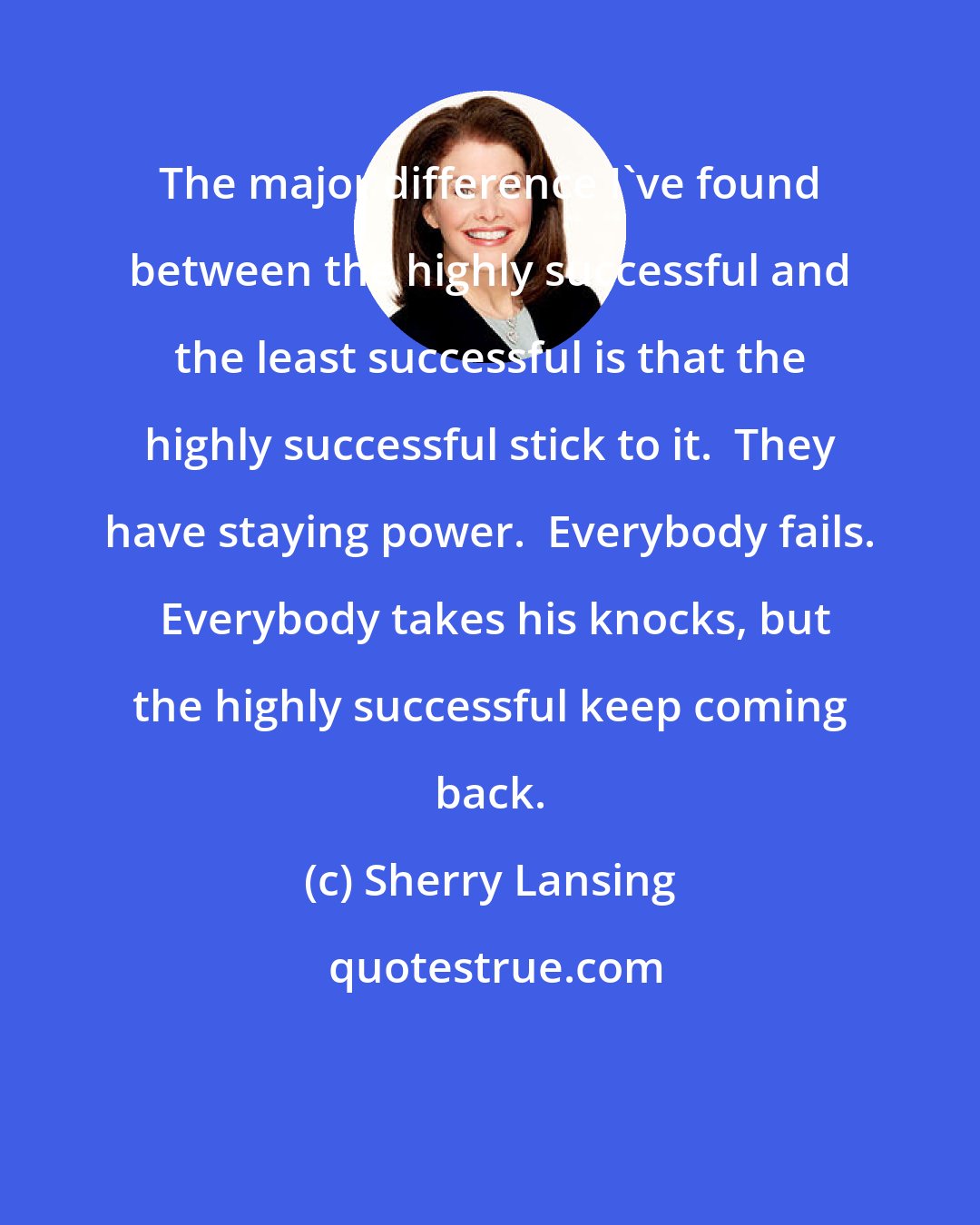 Sherry Lansing: The major difference I've found between the highly successful and the least successful is that the highly successful stick to it.  They have staying power.  Everybody fails.  Everybody takes his knocks, but the highly successful keep coming back.