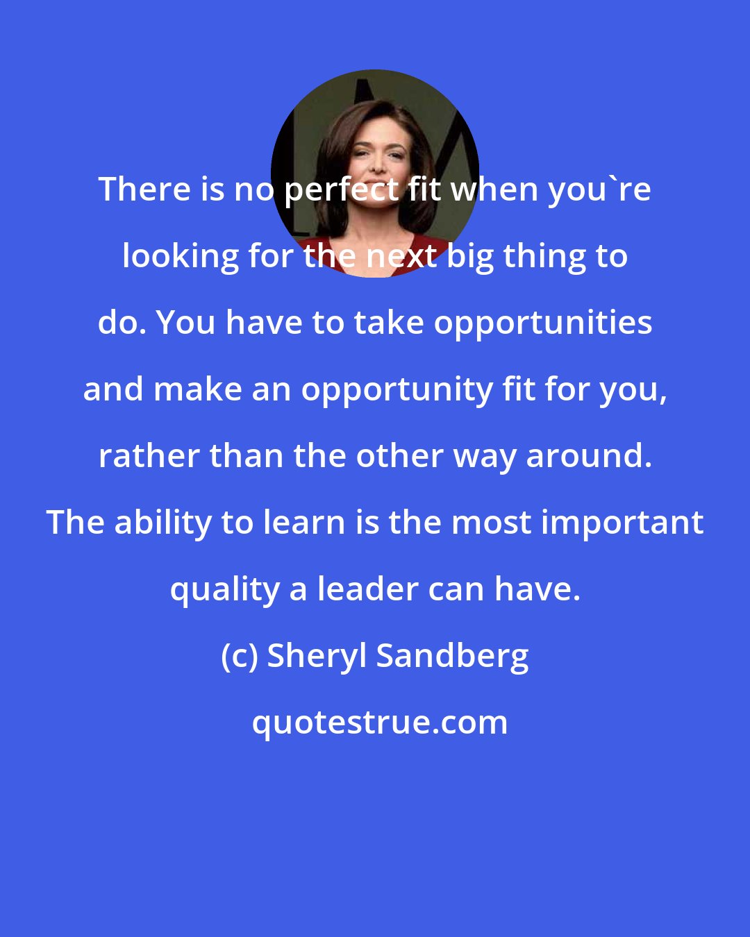 Sheryl Sandberg: There is no perfect fit when you're looking for the next big thing to do. You have to take opportunities and make an opportunity fit for you, rather than the other way around. The ability to learn is the most important quality a leader can have.