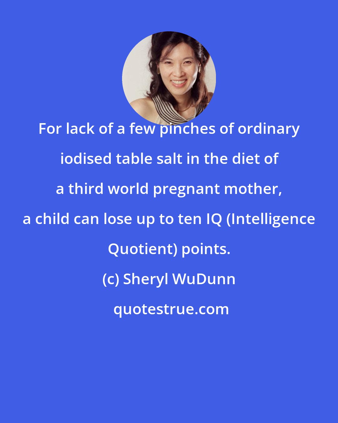 Sheryl WuDunn: For lack of a few pinches of ordinary iodised table salt in the diet of a third world pregnant mother, a child can lose up to ten IQ (Intelligence Quotient) points.