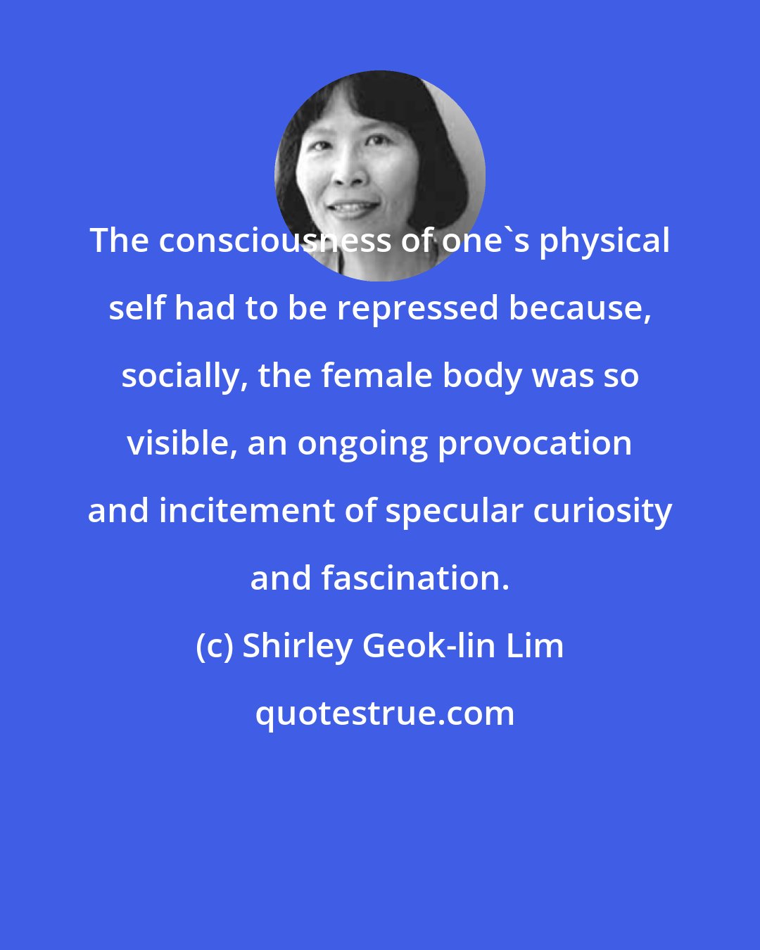 Shirley Geok-lin Lim: The consciousness of one's physical self had to be repressed because, socially, the female body was so visible, an ongoing provocation and incitement of specular curiosity and fascination.