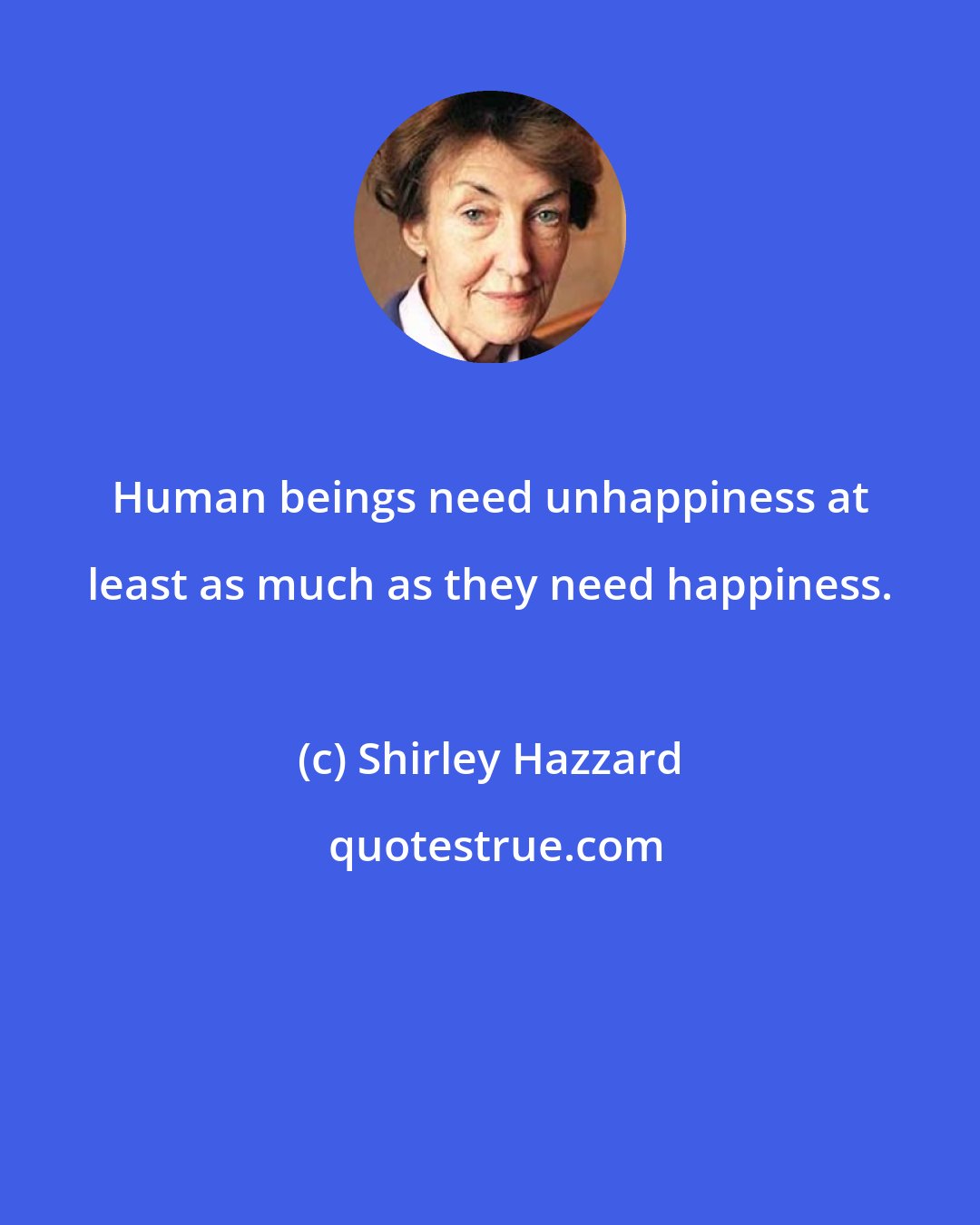 Shirley Hazzard: Human beings need unhappiness at least as much as they need happiness.