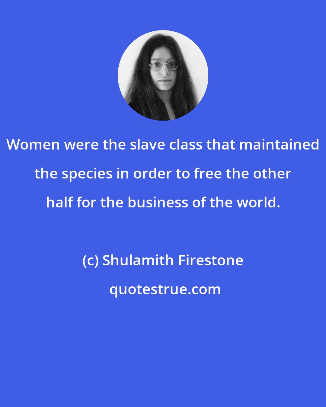 Shulamith Firestone: Women were the slave class that maintained the species in order to free the other half for the business of the world.