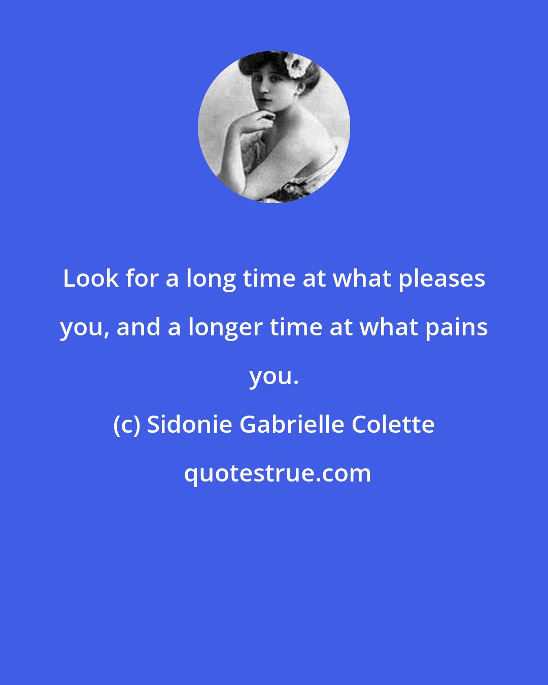 Sidonie Gabrielle Colette: Look for a long time at what pleases you, and a longer time at what pains you.