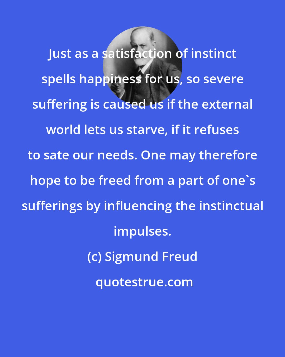 Sigmund Freud: Just as a satisfaction of instinct spells happiness for us, so severe suffering is caused us if the external world lets us starve, if it refuses to sate our needs. One may therefore hope to be freed from a part of one's sufferings by influencing the instinctual impulses.