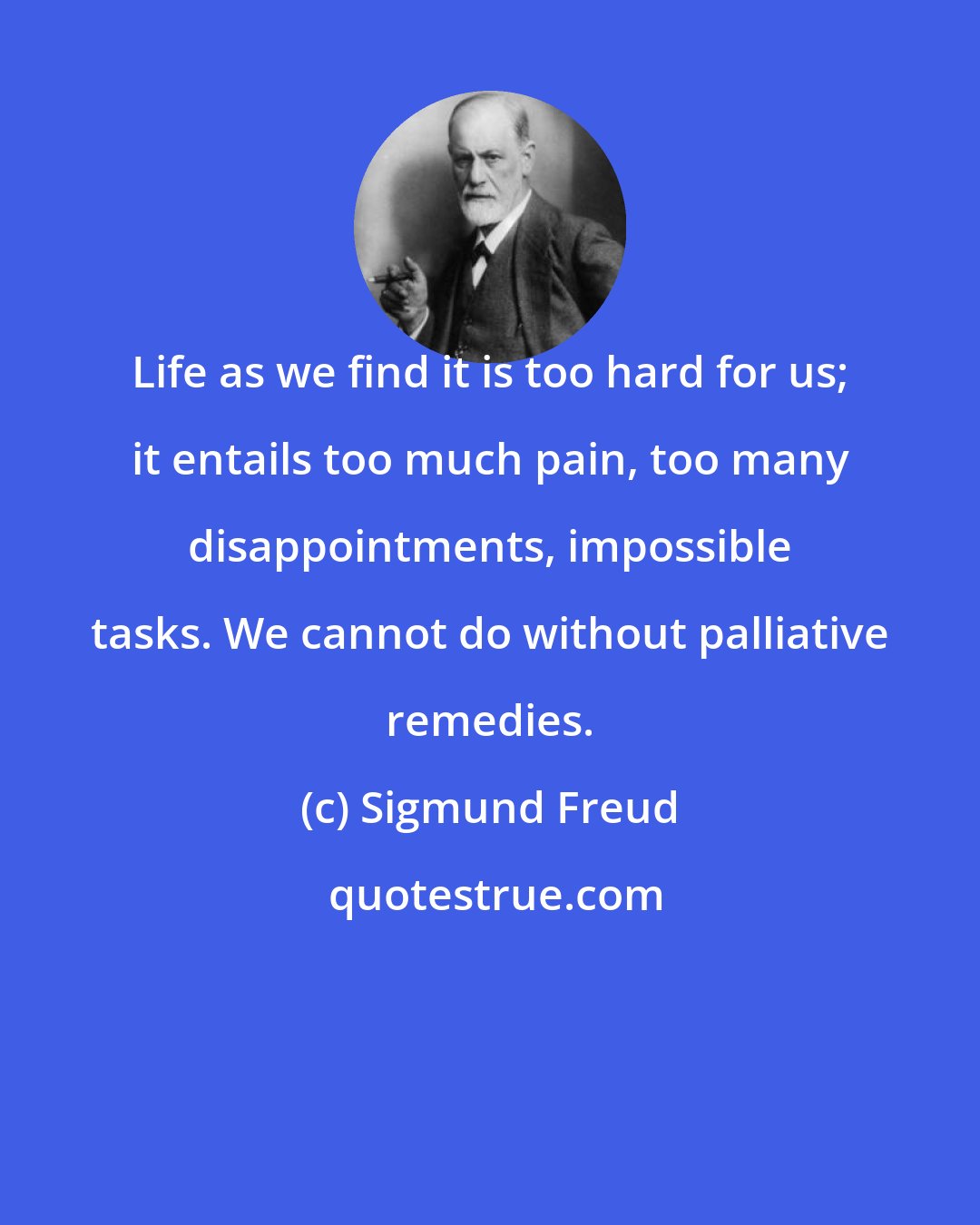 Sigmund Freud: Life as we find it is too hard for us; it entails too much pain, too many disappointments, impossible tasks. We cannot do without palliative remedies.