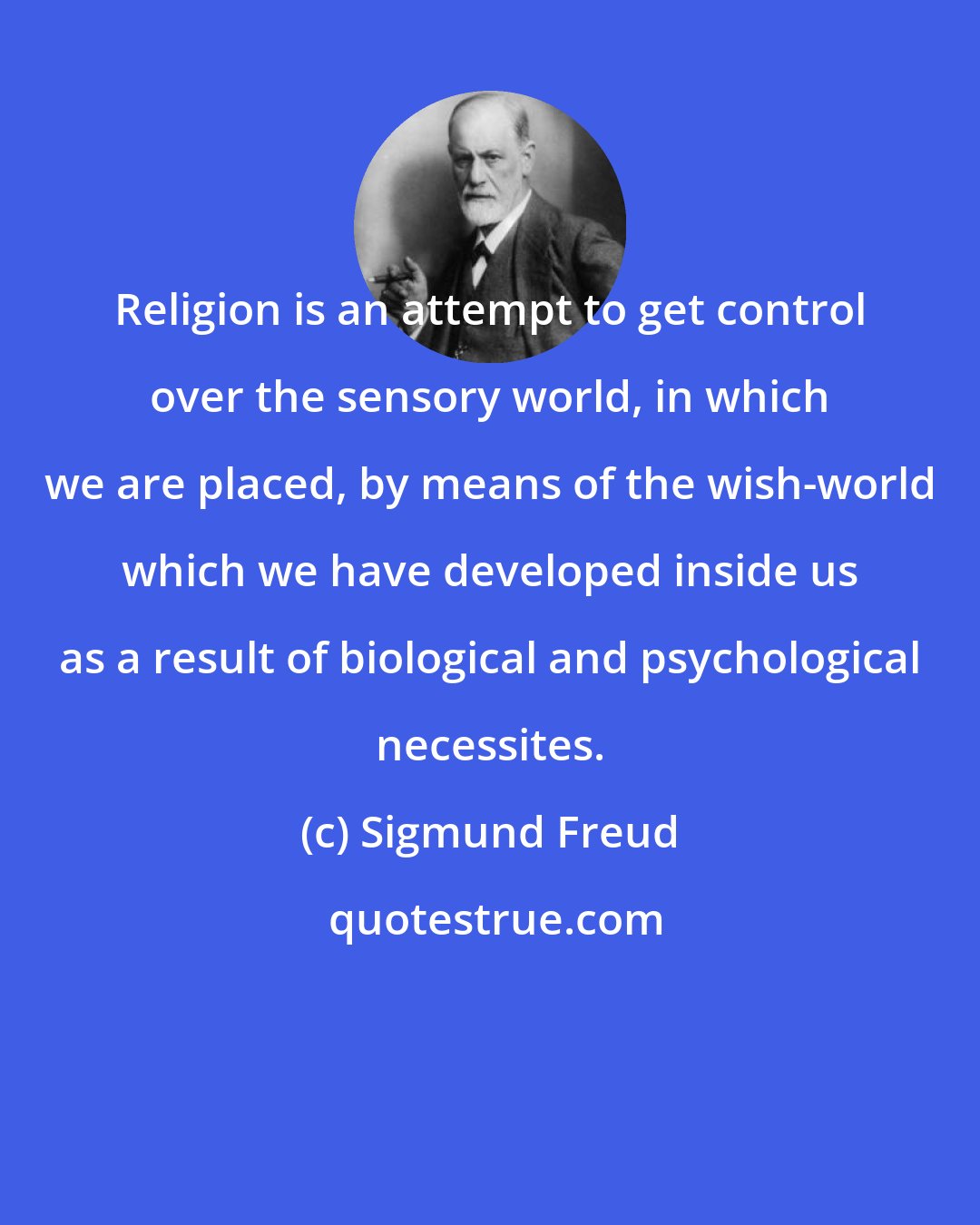 Sigmund Freud: Religion is an attempt to get control over the sensory world, in which we are placed, by means of the wish-world which we have developed inside us as a result of biological and psychological necessites.