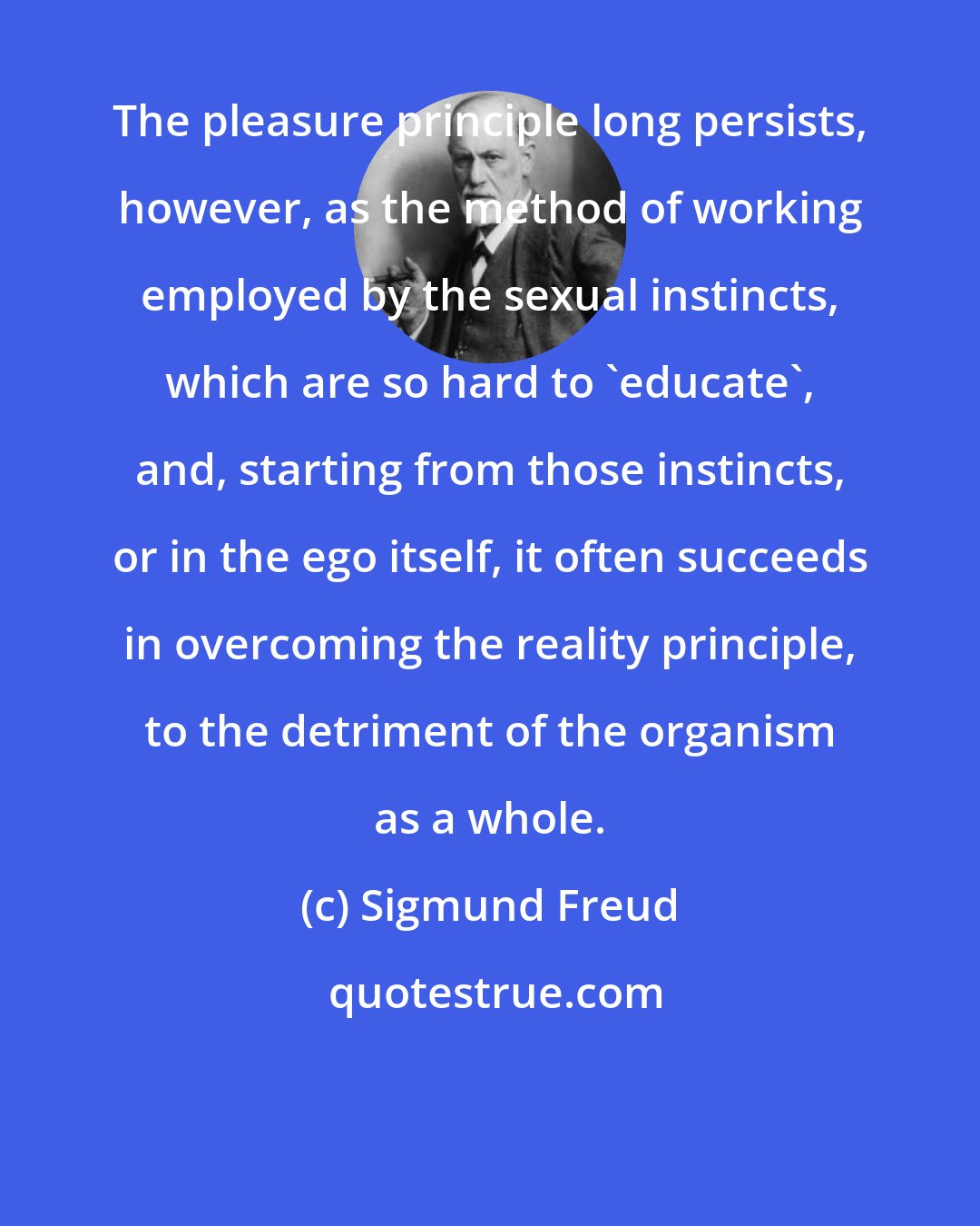 Sigmund Freud: The pleasure principle long persists, however, as the method of working employed by the sexual instincts, which are so hard to 'educate', and, starting from those instincts, or in the ego itself, it often succeeds in overcoming the reality principle, to the detriment of the organism as a whole.