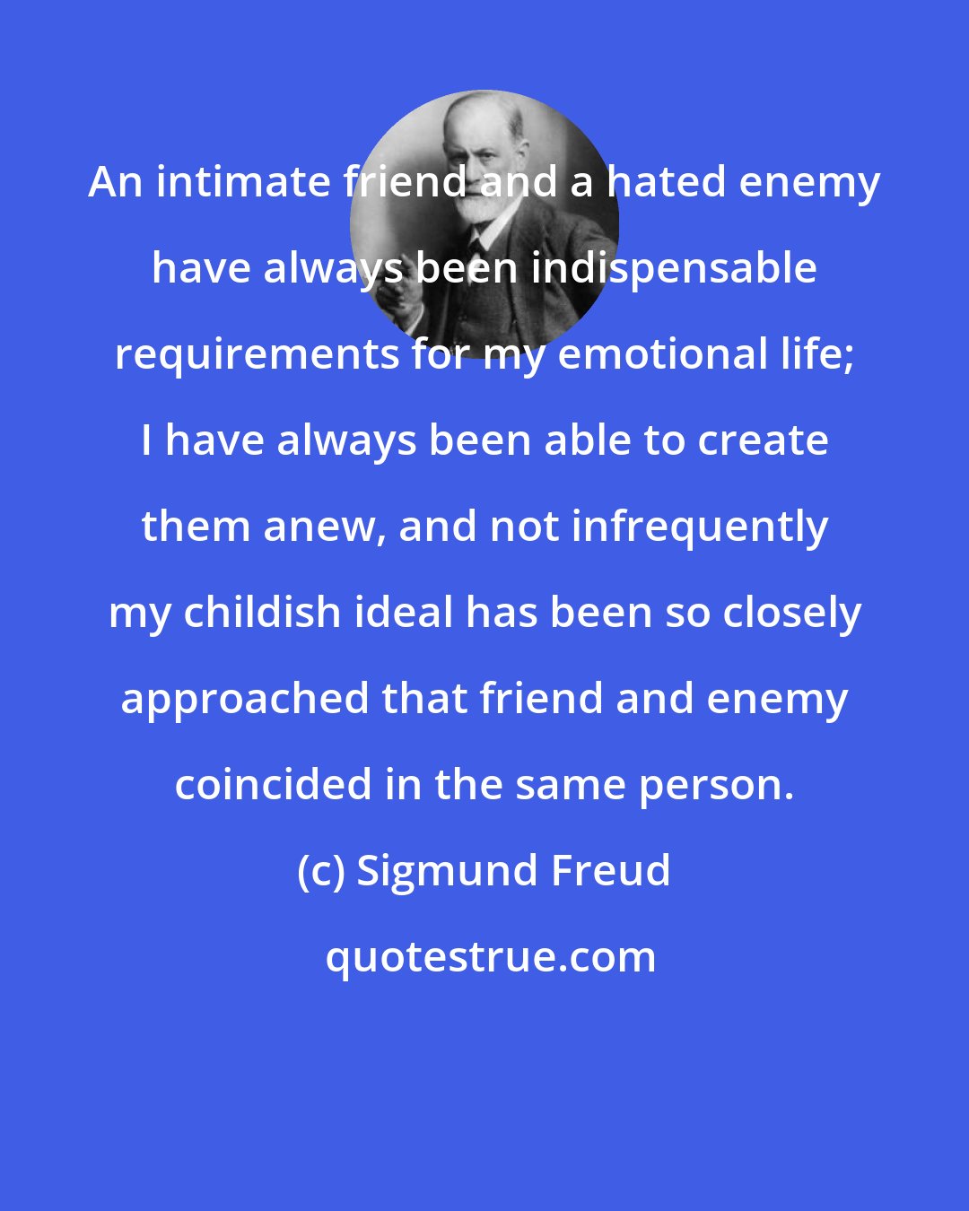 Sigmund Freud: An intimate friend and a hated enemy have always been indispensable requirements for my emotional life; I have always been able to create them anew, and not infrequently my childish ideal has been so closely approached that friend and enemy coincided in the same person.