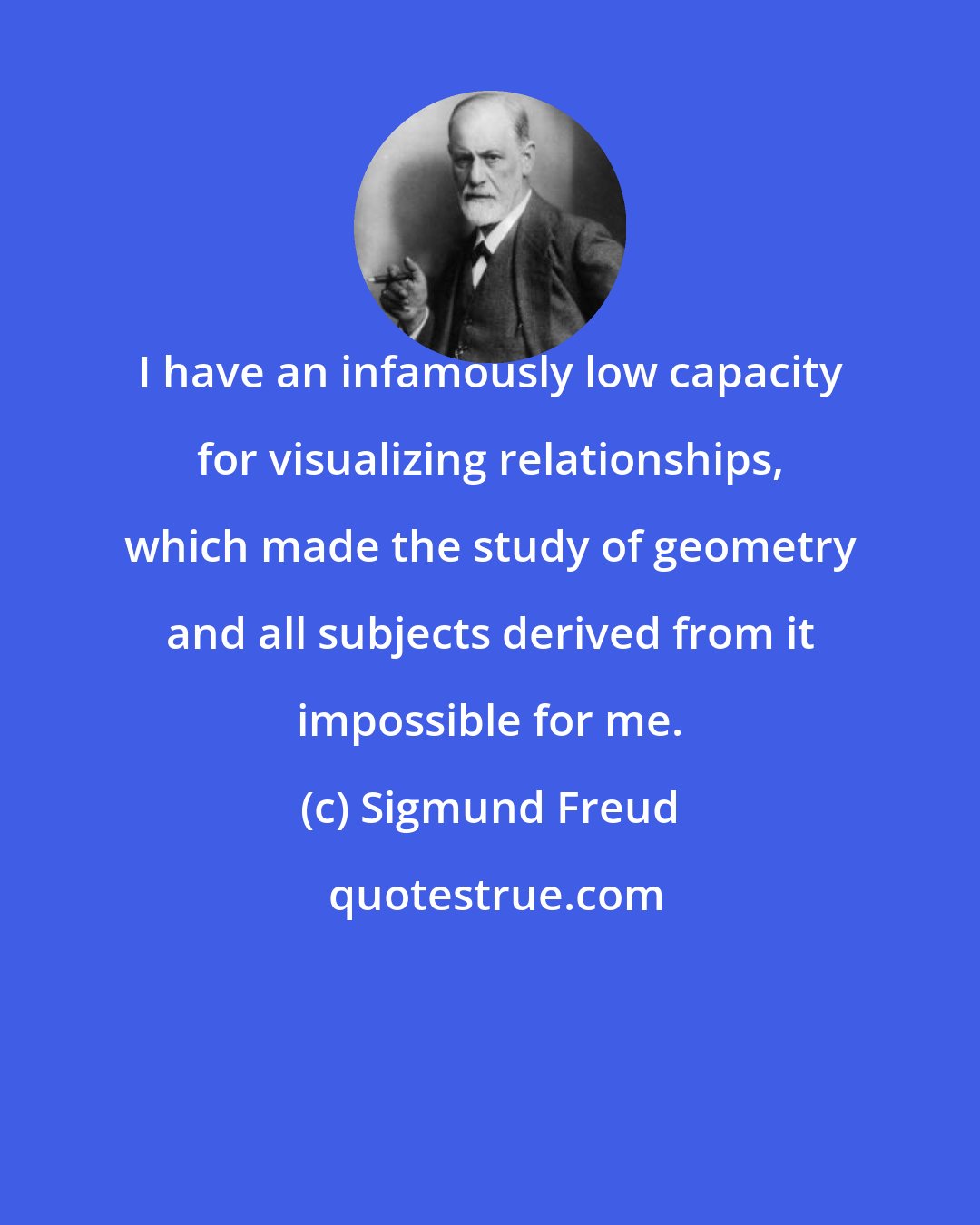 Sigmund Freud: I have an infamously low capacity for visualizing relationships, which made the study of geometry and all subjects derived from it impossible for me.