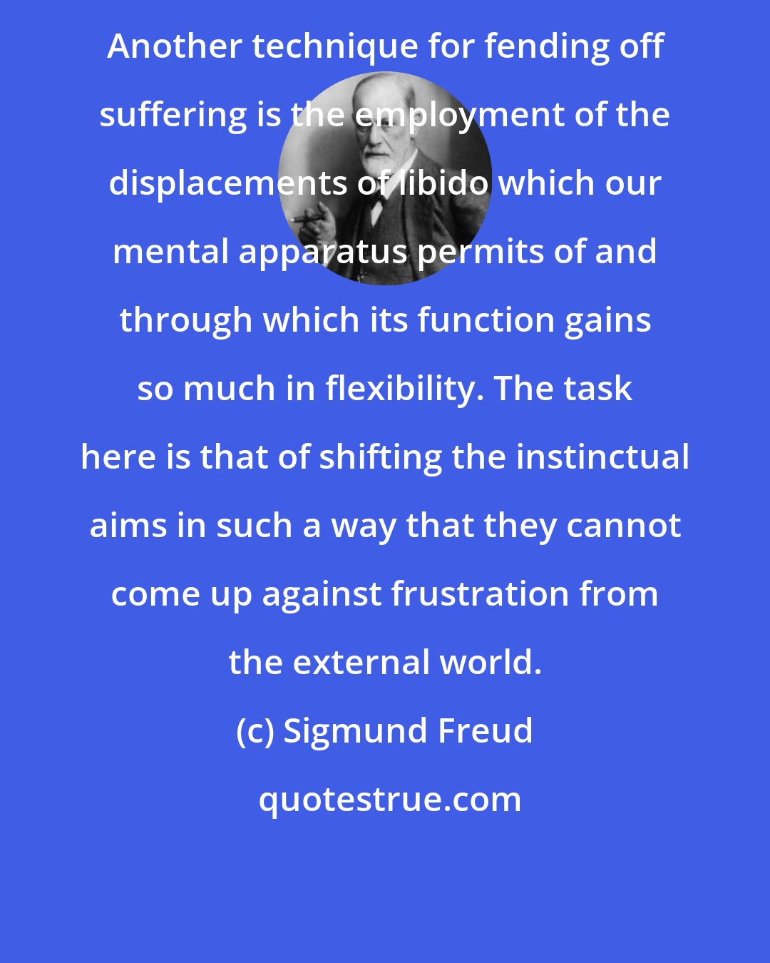 Sigmund Freud: Another technique for fending off suffering is the employment of the displacements of libido which our mental apparatus permits of and through which its function gains so much in flexibility. The task here is that of shifting the instinctual aims in such a way that they cannot come up against frustration from the external world.