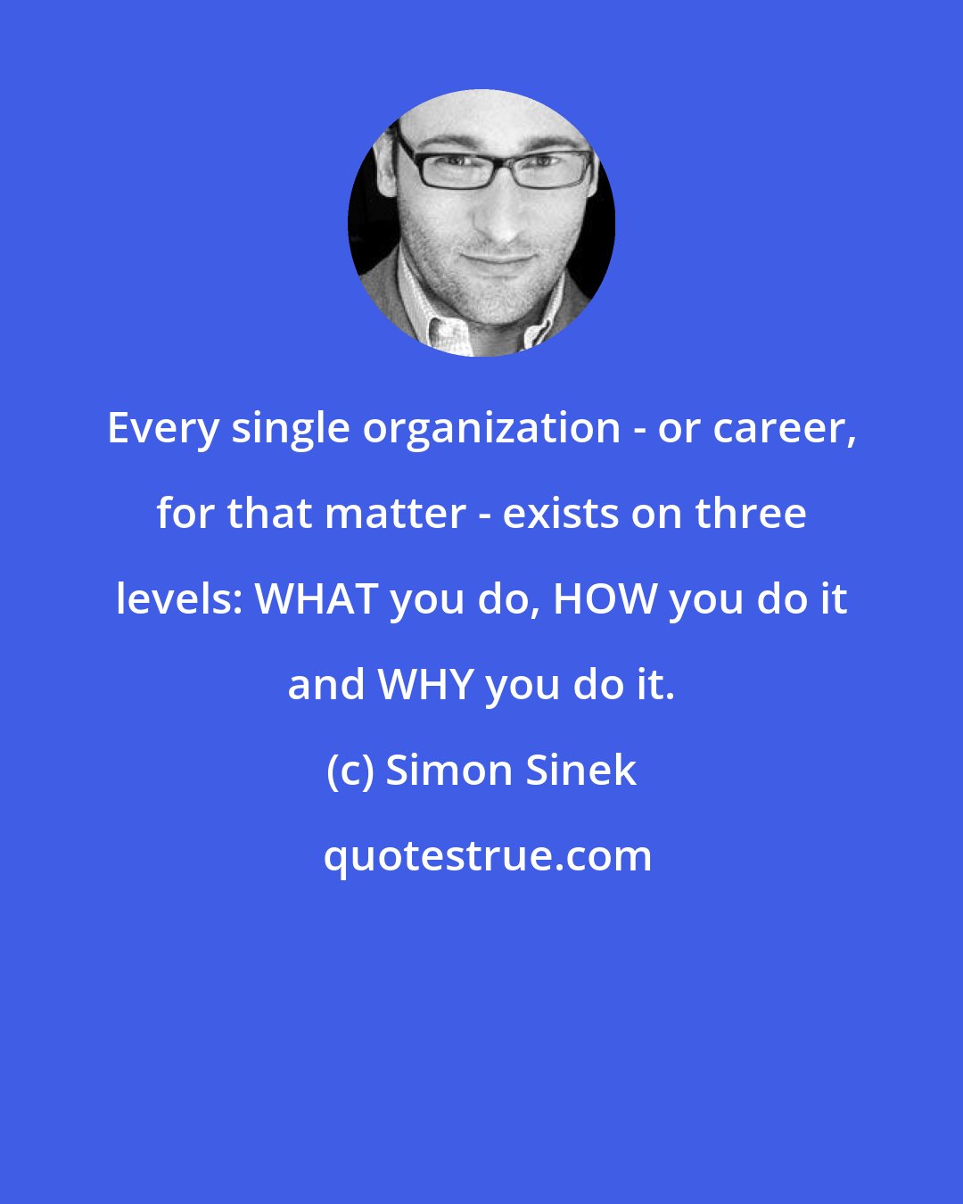 Simon Sinek: Every single organization - or career, for that matter - exists on three levels: WHAT you do, HOW you do it and WHY you do it.