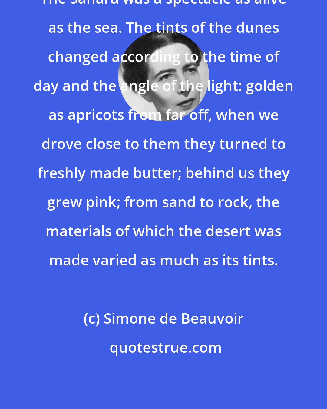 Simone de Beauvoir: The Sahara was a spectacle as alive as the sea. The tints of the dunes changed according to the time of day and the angle of the light: golden as apricots from far off, when we drove close to them they turned to freshly made butter; behind us they grew pink; from sand to rock, the materials of which the desert was made varied as much as its tints.