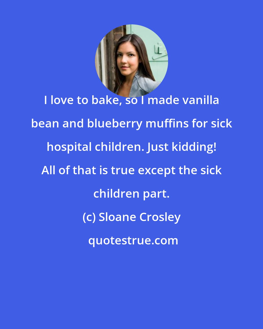 Sloane Crosley: I love to bake, so I made vanilla bean and blueberry muffins for sick hospital children. Just kidding! All of that is true except the sick children part.