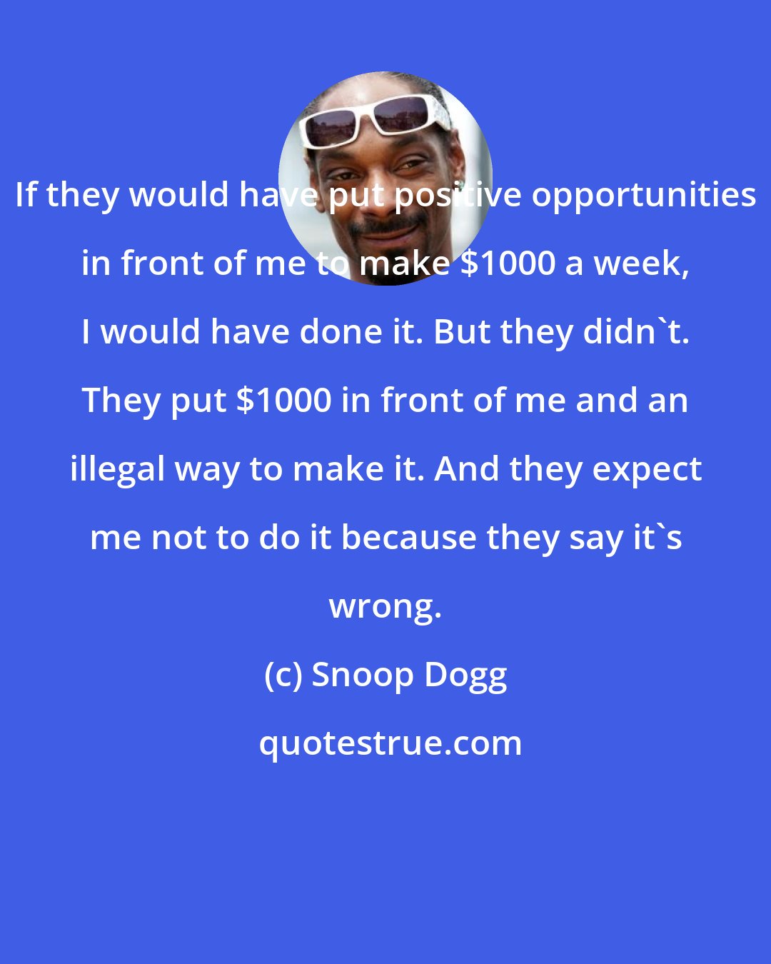 Snoop Dogg: If they would have put positive opportunities in front of me to make $1000 a week, I would have done it. But they didn't. They put $1000 in front of me and an illegal way to make it. And they expect me not to do it because they say it's wrong.