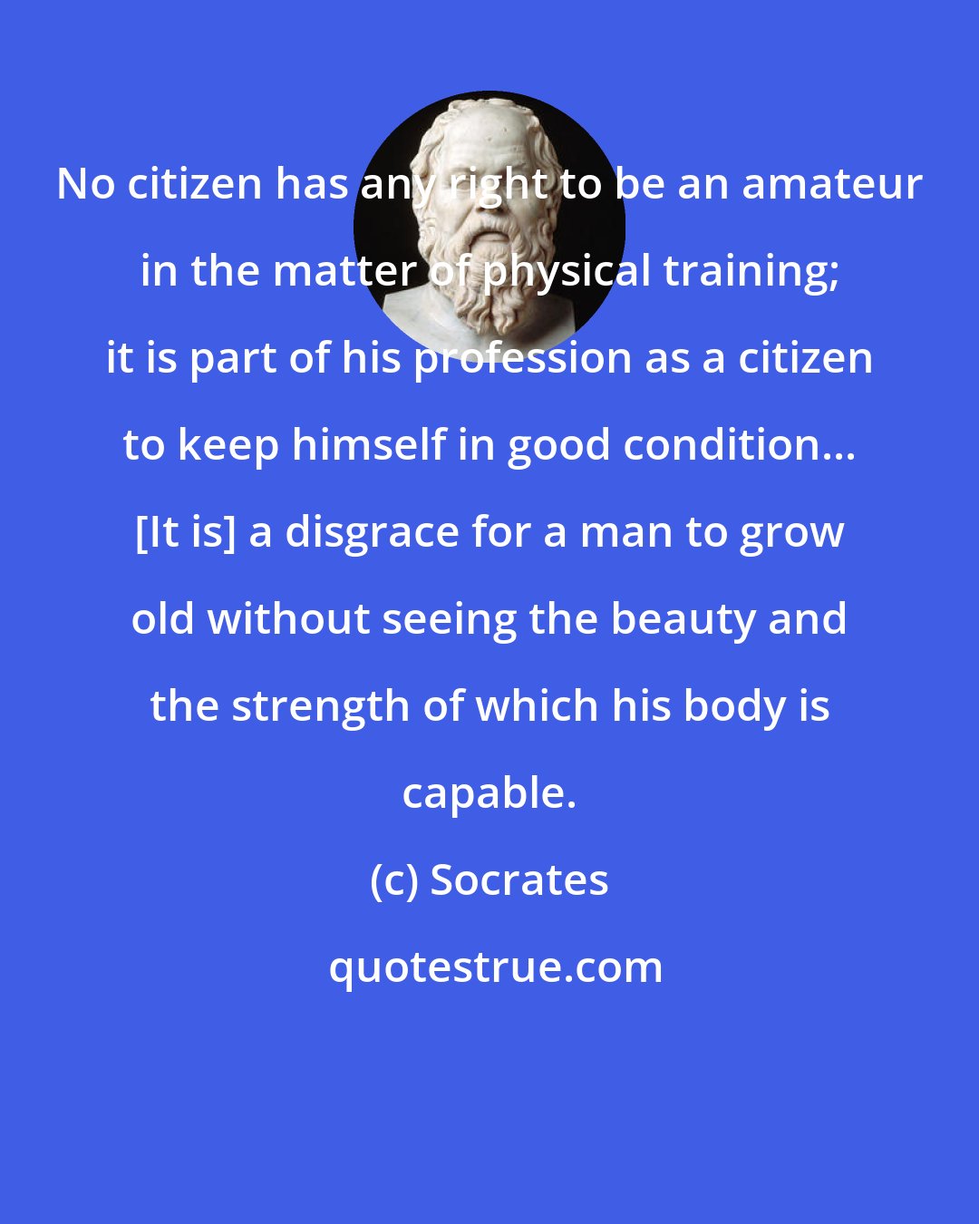 Socrates: No citizen has any right to be an amateur in the matter of physical training; it is part of his profession as a citizen to keep himself in good condition... [It is] a disgrace for a man to grow old without seeing the beauty and the strength of which his body is capable.