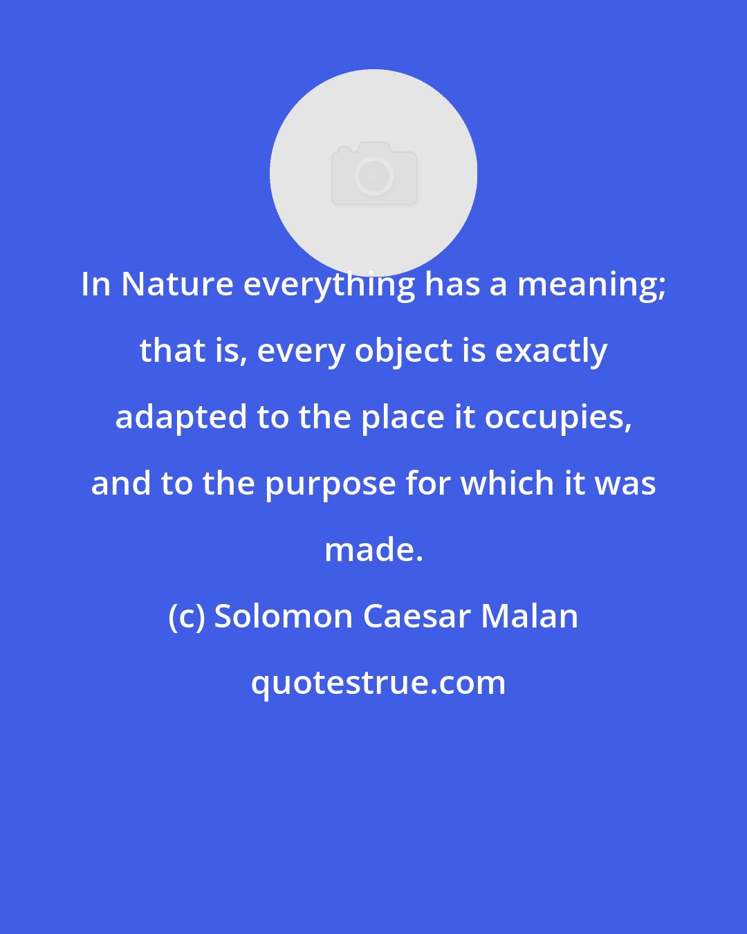 Solomon Caesar Malan: In Nature everything has a meaning; that is, every object is exactly adapted to the place it occupies, and to the purpose for which it was made.