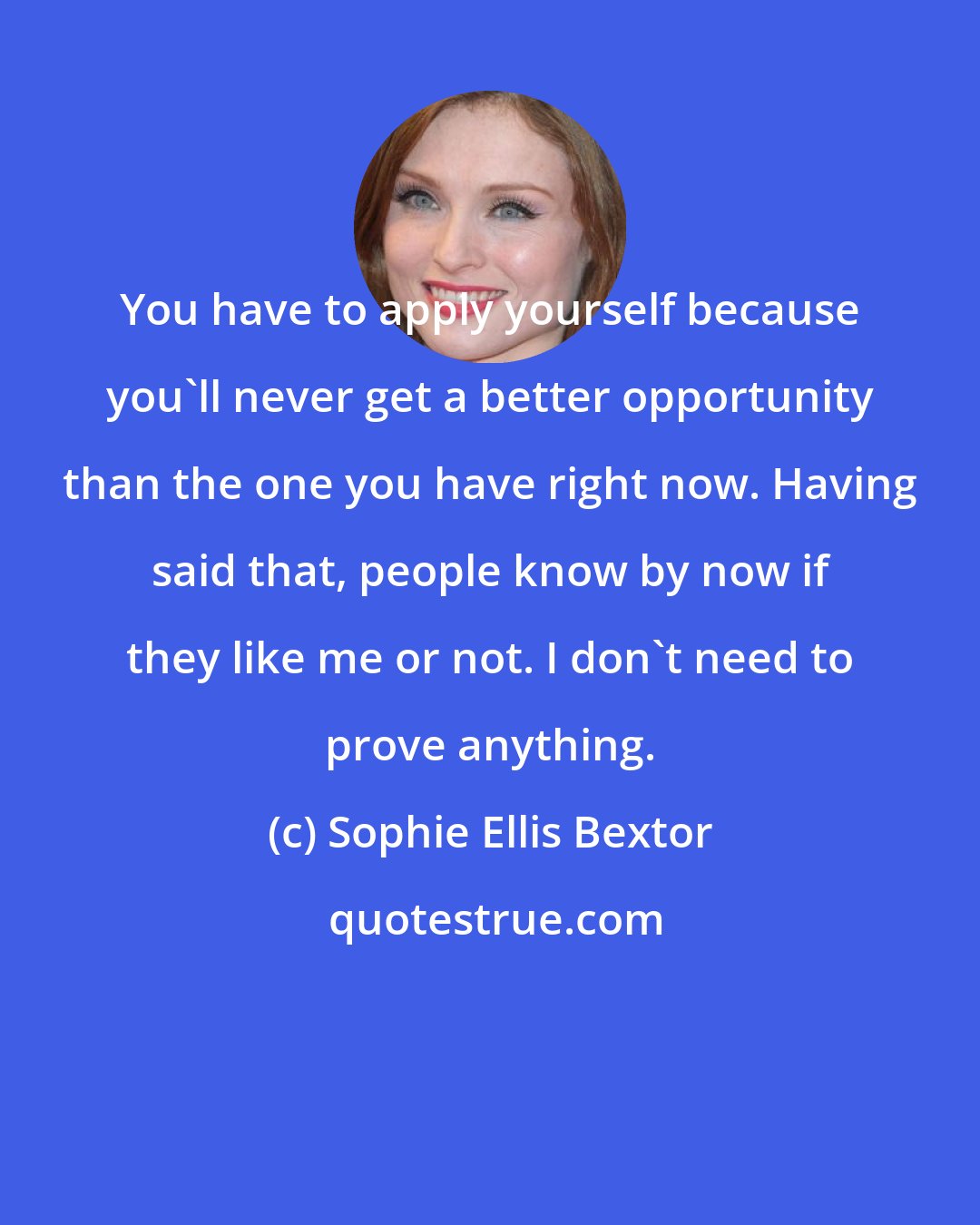 Sophie Ellis Bextor: You have to apply yourself because you'll never get a better opportunity than the one you have right now. Having said that, people know by now if they like me or not. I don't need to prove anything.