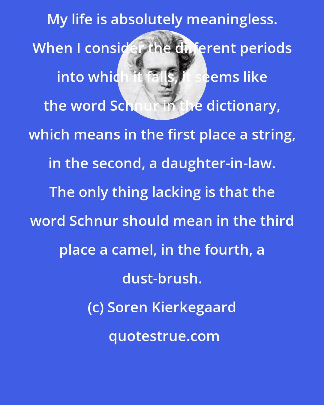 Soren Kierkegaard: My life is absolutely meaningless. When I consider the different periods into which it falls, it seems like the word Schnur in the dictionary, which means in the first place a string, in the second, a daughter-in-law. The only thing lacking is that the word Schnur should mean in the third place a camel, in the fourth, a dust-brush.