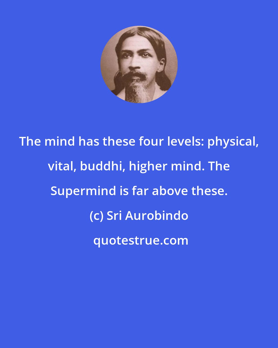 Sri Aurobindo: The mind has these four levels: physical, vital, buddhi, higher mind. The Supermind is far above these.