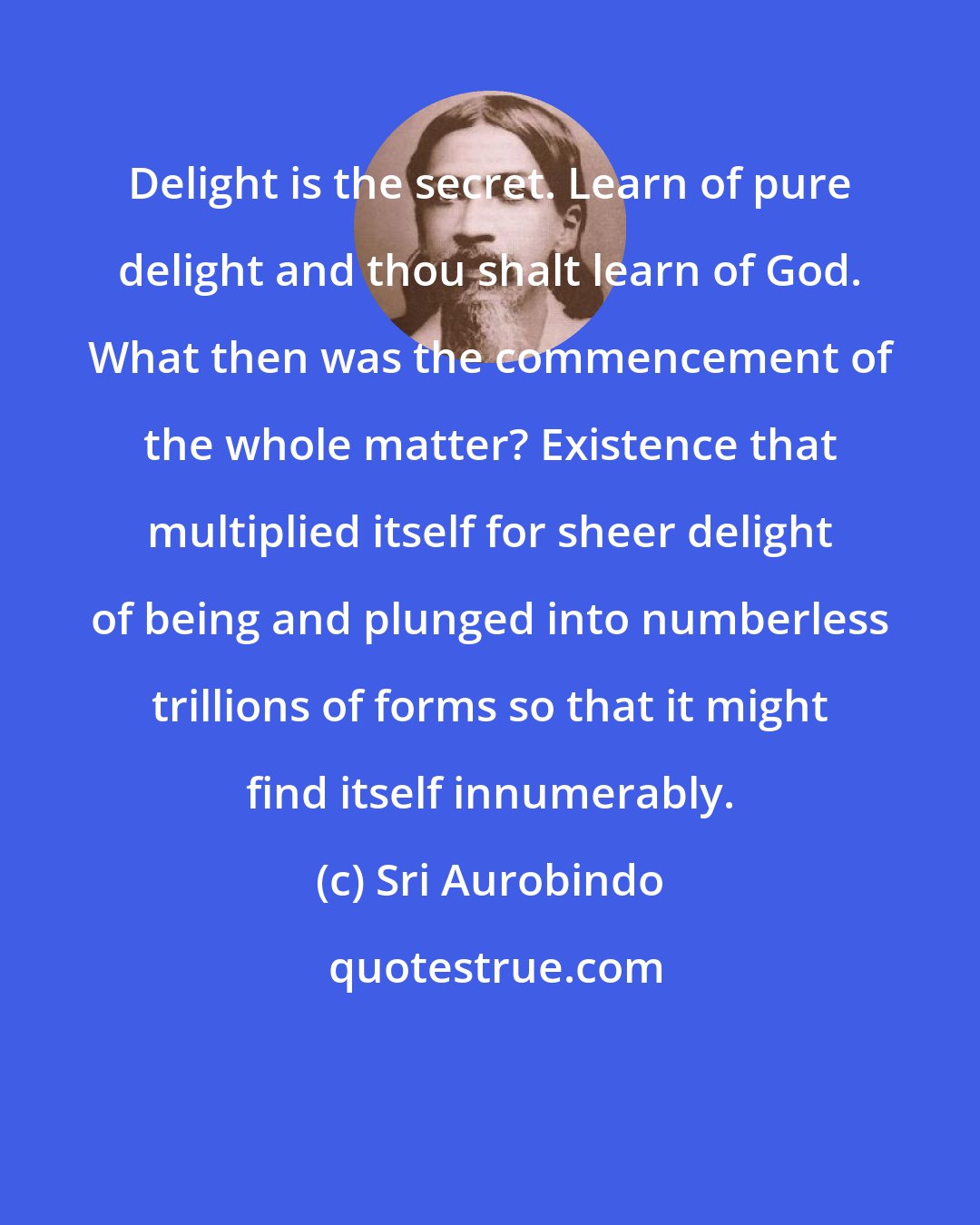 Sri Aurobindo: Delight is the secret. Learn of pure delight and thou shalt learn of God. What then was the commencement of the whole matter? Existence that multiplied itself for sheer delight of being and plunged into numberless trillions of forms so that it might find itself innumerably.