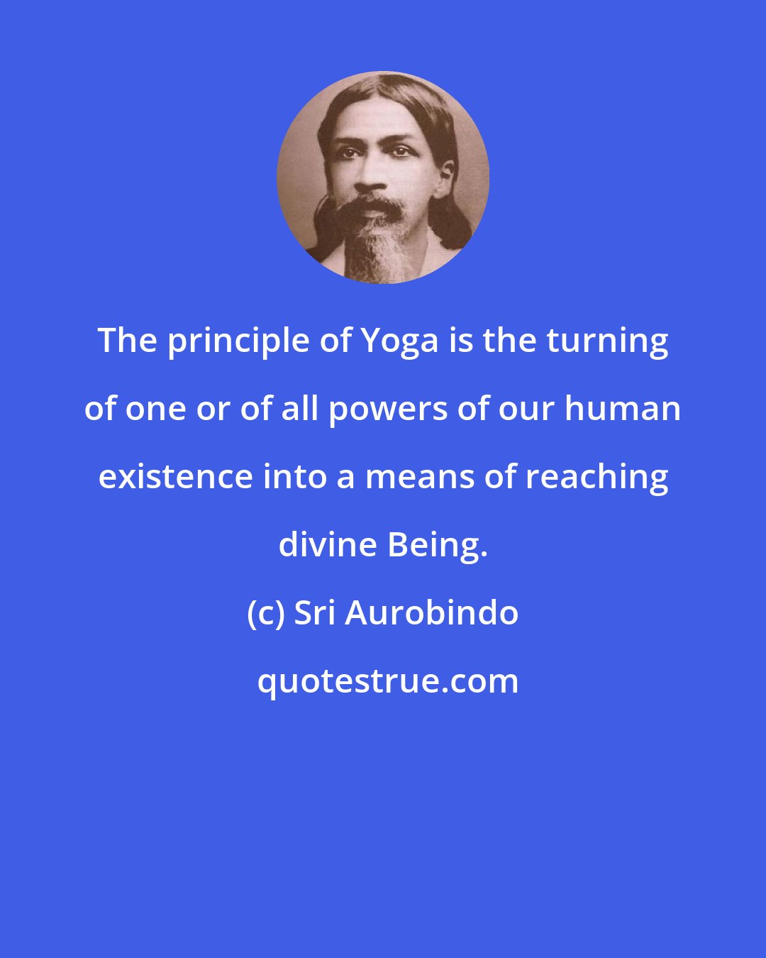 Sri Aurobindo: The principle of Yoga is the turning of one or of all powers of our human existence into a means of reaching divine Being.