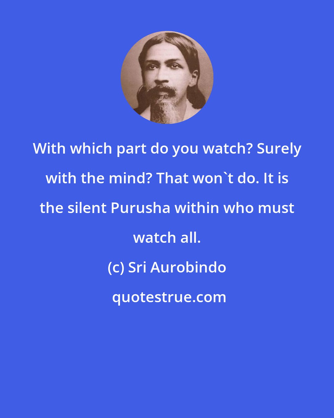 Sri Aurobindo: With which part do you watch? Surely with the mind? That won't do. It is the silent Purusha within who must watch all.