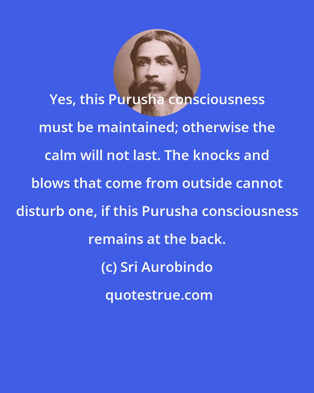 Sri Aurobindo: Yes, this Purusha consciousness must be maintained; otherwise the calm will not last. The knocks and blows that come from outside cannot disturb one, if this Purusha consciousness remains at the back.