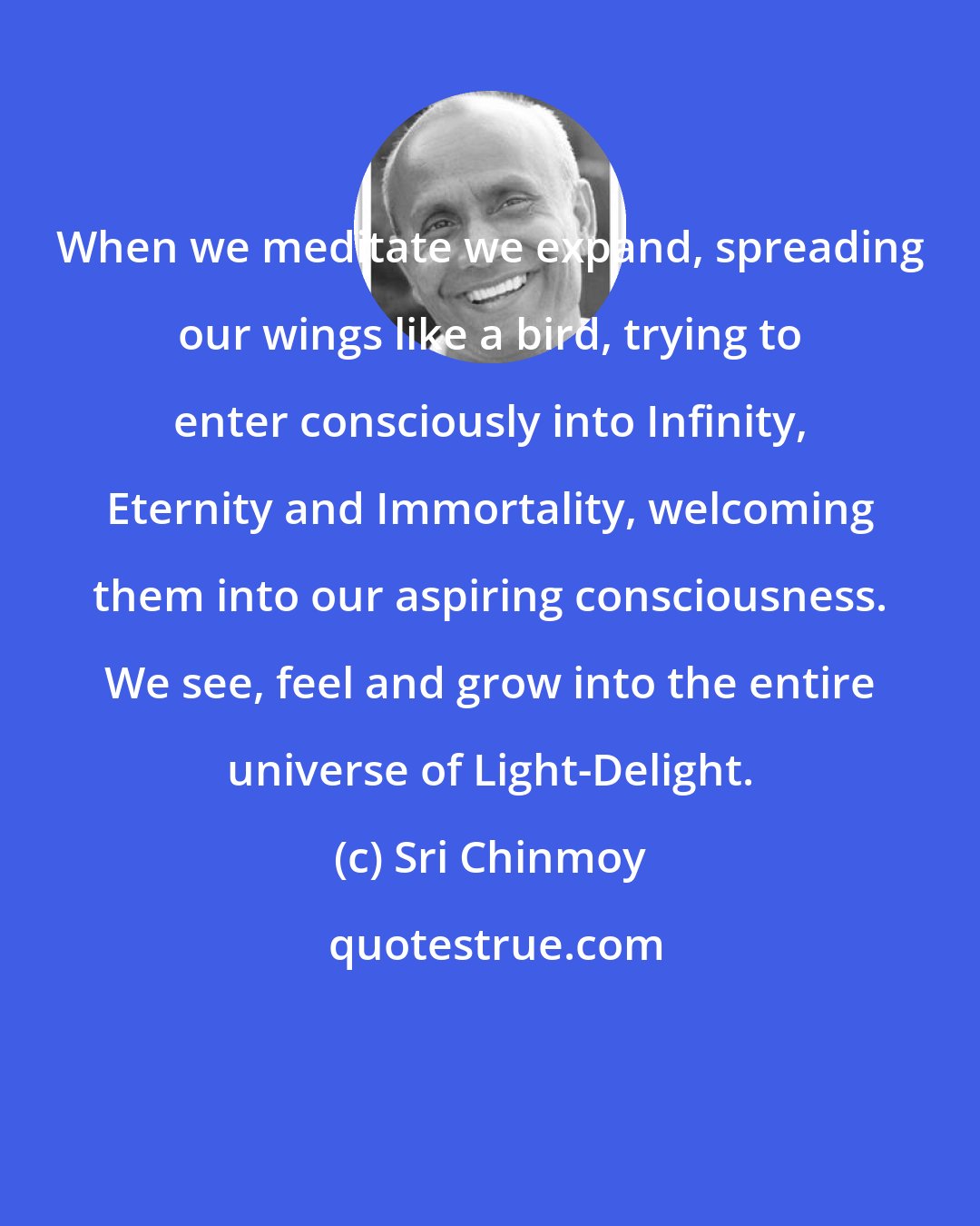 Sri Chinmoy: When we meditate we expand, spreading our wings like a bird, trying to enter consciously into Infinity, Eternity and Immortality, welcoming them into our aspiring consciousness. We see, feel and grow into the entire universe of Light-Delight.