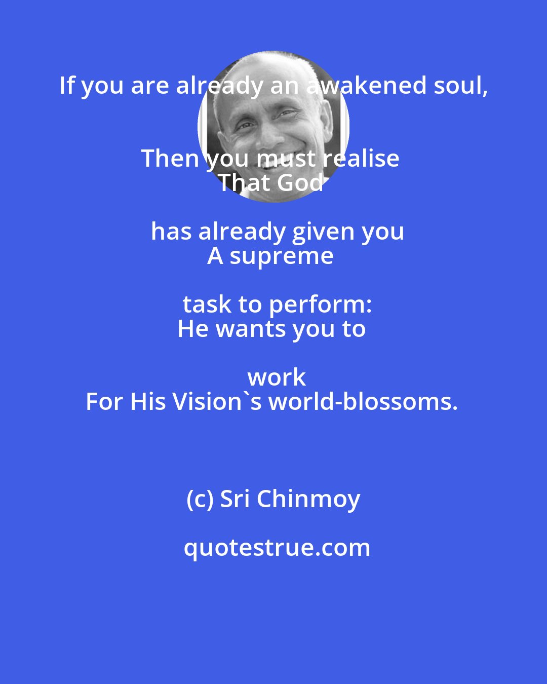 Sri Chinmoy: If you are already an awakened soul, 
Then you must realise 
That God has already given you
A supreme task to perform:
He wants you to work
For His Vision's world-blossoms.