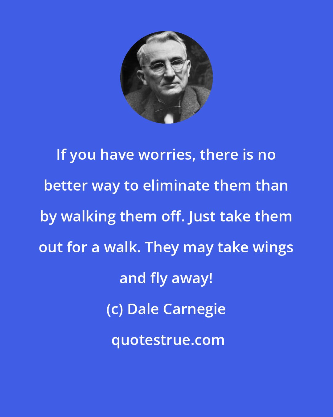 Dale Carnegie: If you have worries, there is no better way to eliminate them than by walking them off. Just take them out for a walk. They may take wings and fly away!
