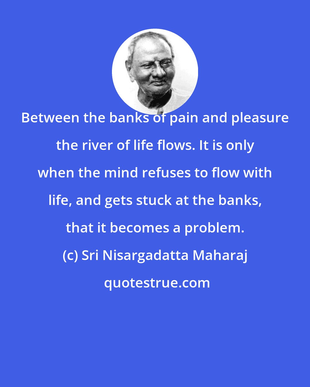 Sri Nisargadatta Maharaj: Between the banks of pain and pleasure the river of life flows. It is only when the mind refuses to flow with life, and gets stuck at the banks, that it becomes a problem.