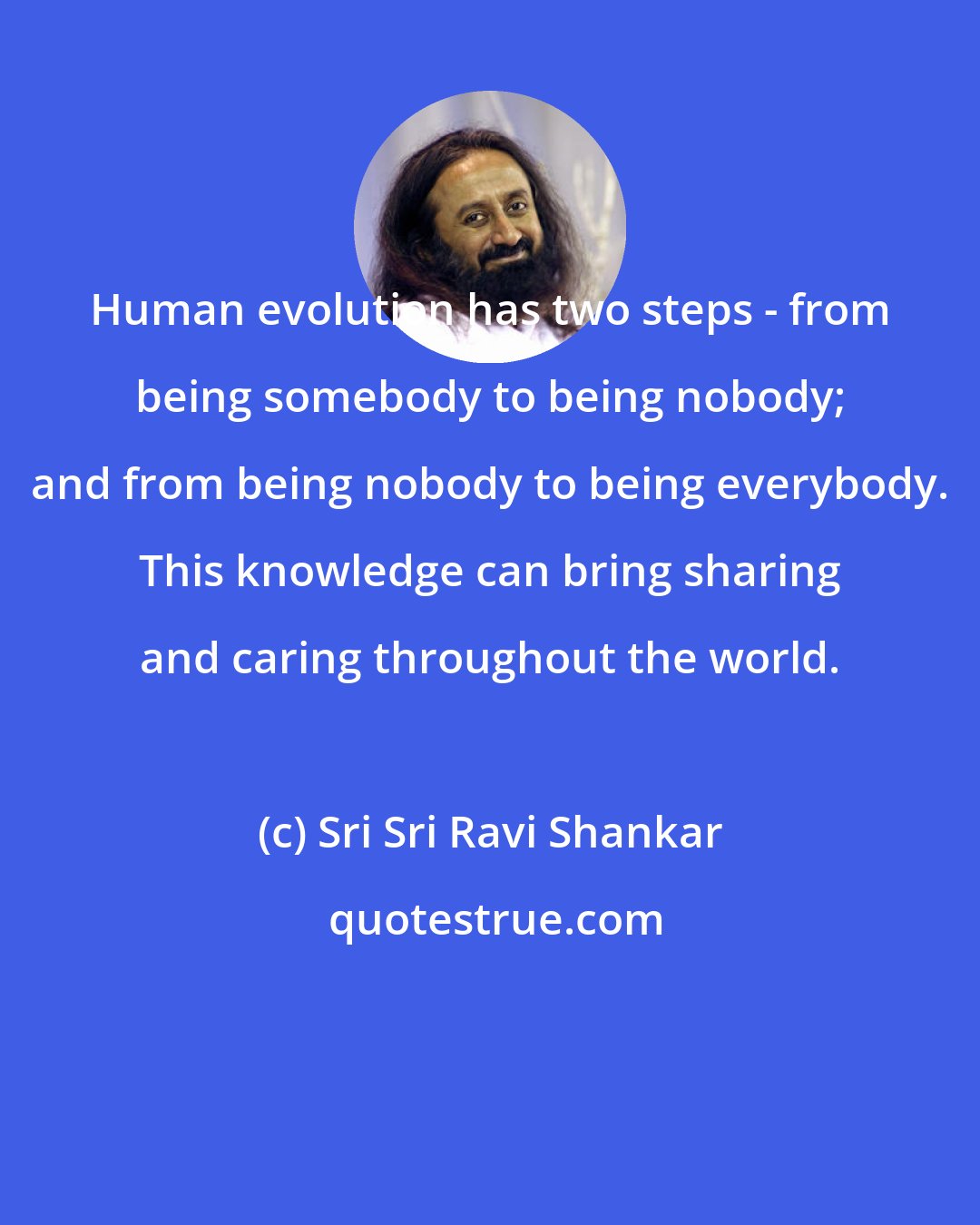 Sri Sri Ravi Shankar: Human evolution has two steps - from being somebody to being nobody; and from being nobody to being everybody. This knowledge can bring sharing and caring throughout the world.