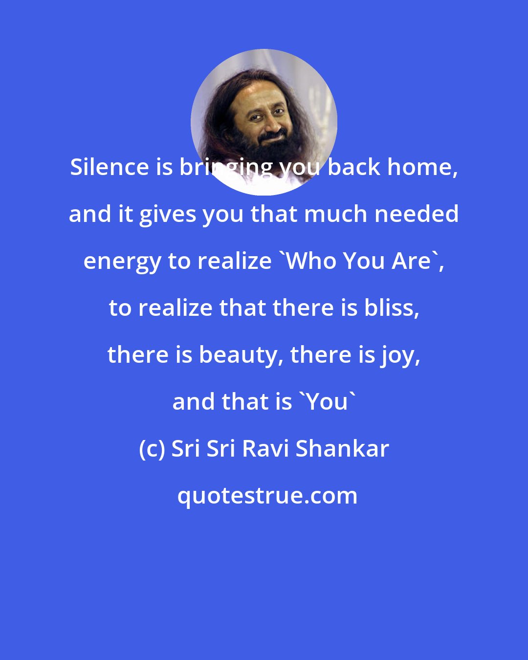 Sri Sri Ravi Shankar: Silence is bringing you back home, and it gives you that much needed energy to realize 'Who You Are', to realize that there is bliss, there is beauty, there is joy, and that is 'You'