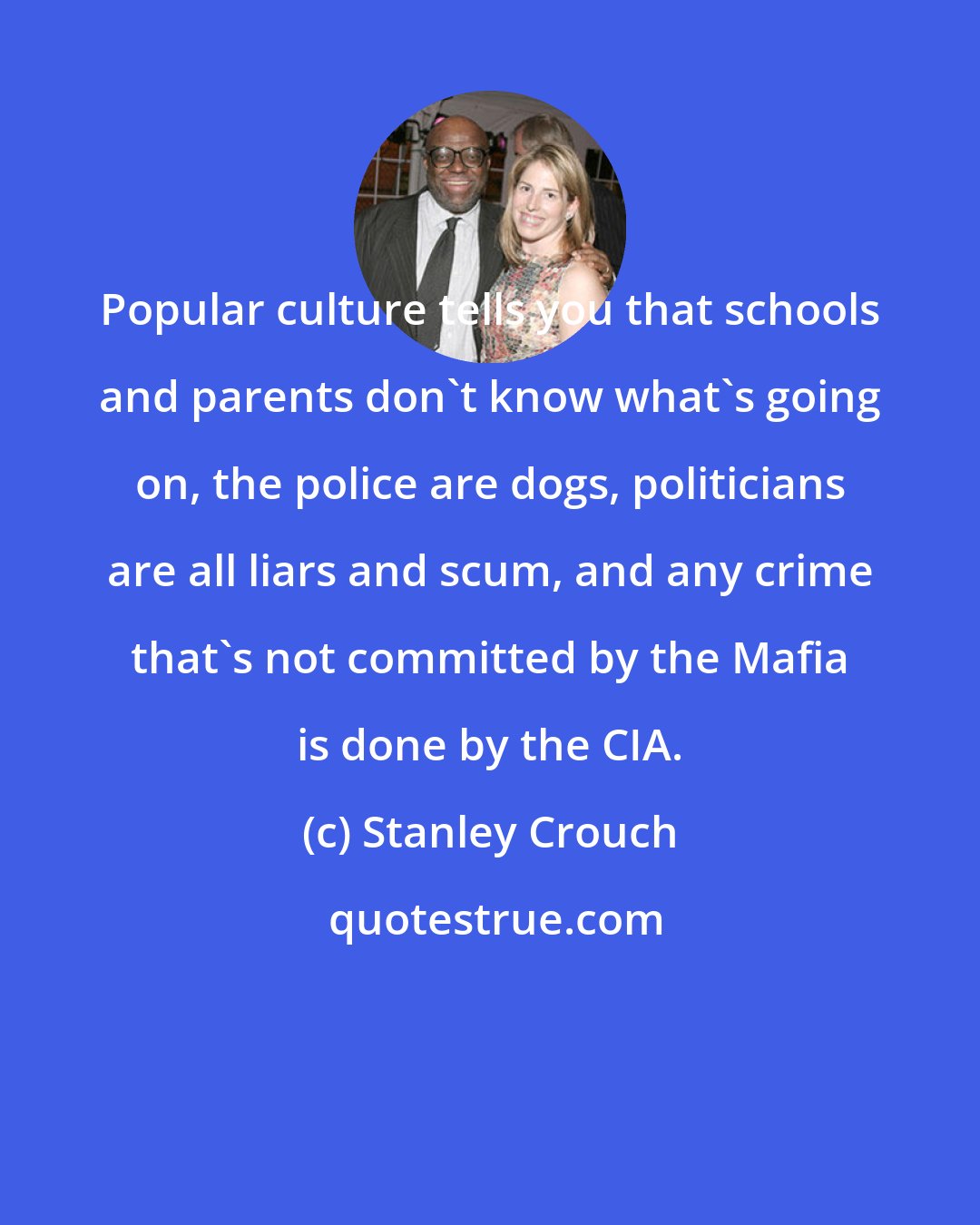 Stanley Crouch: Popular culture tells you that schools and parents don't know what's going on, the police are dogs, politicians are all liars and scum, and any crime that's not committed by the Mafia is done by the CIA.