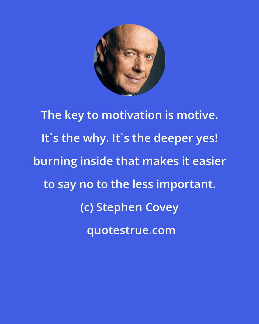 Stephen Covey: The key to motivation is motive. It's the why. It's the deeper yes! burning inside that makes it easier to say no to the less important.