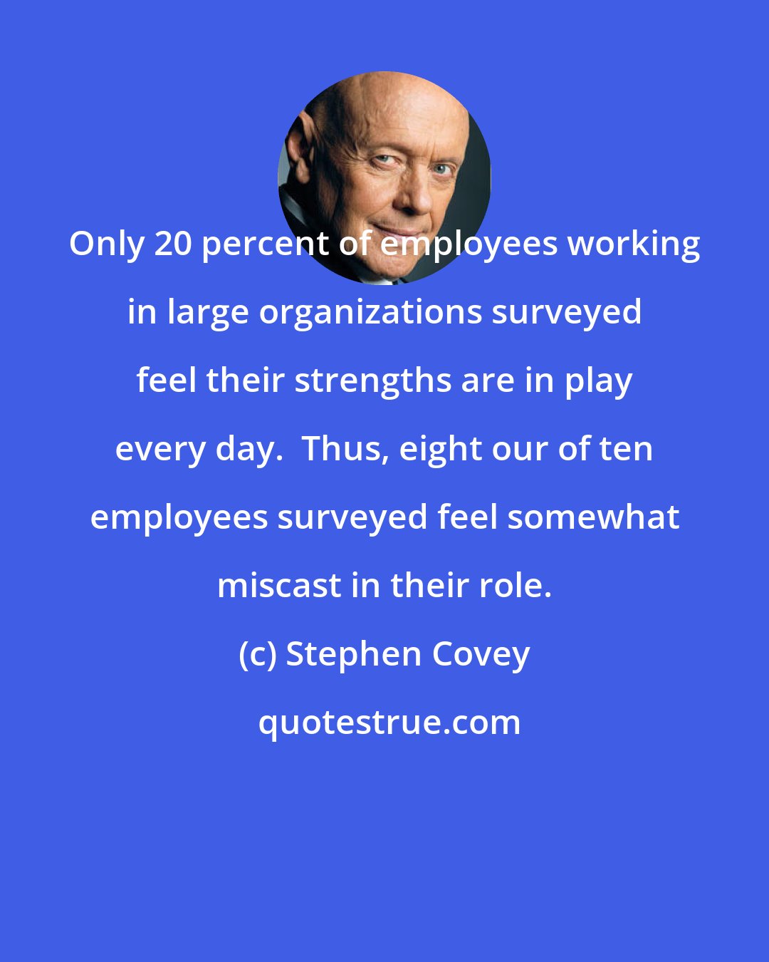 Stephen Covey: Only 20 percent of employees working in large organizations surveyed feel their strengths are in play every day.  Thus, eight our of ten employees surveyed feel somewhat miscast in their role.