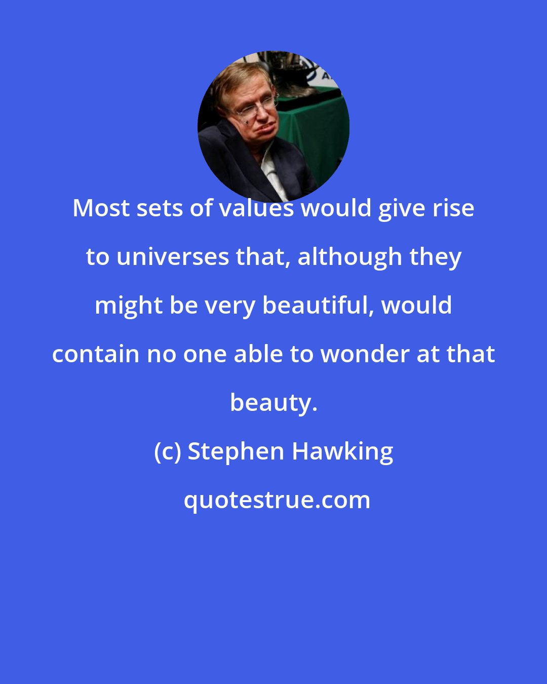 Stephen Hawking: Most sets of values would give rise to universes that, although they might be very beautiful, would contain no one able to wonder at that beauty.