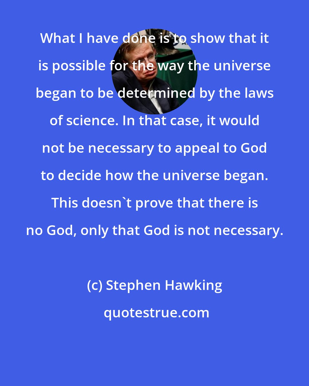 Stephen Hawking: What I have done is to show that it is possible for the way the universe began to be determined by the laws of science. In that case, it would not be necessary to appeal to God to decide how the universe began. This doesn't prove that there is no God, only that God is not necessary.