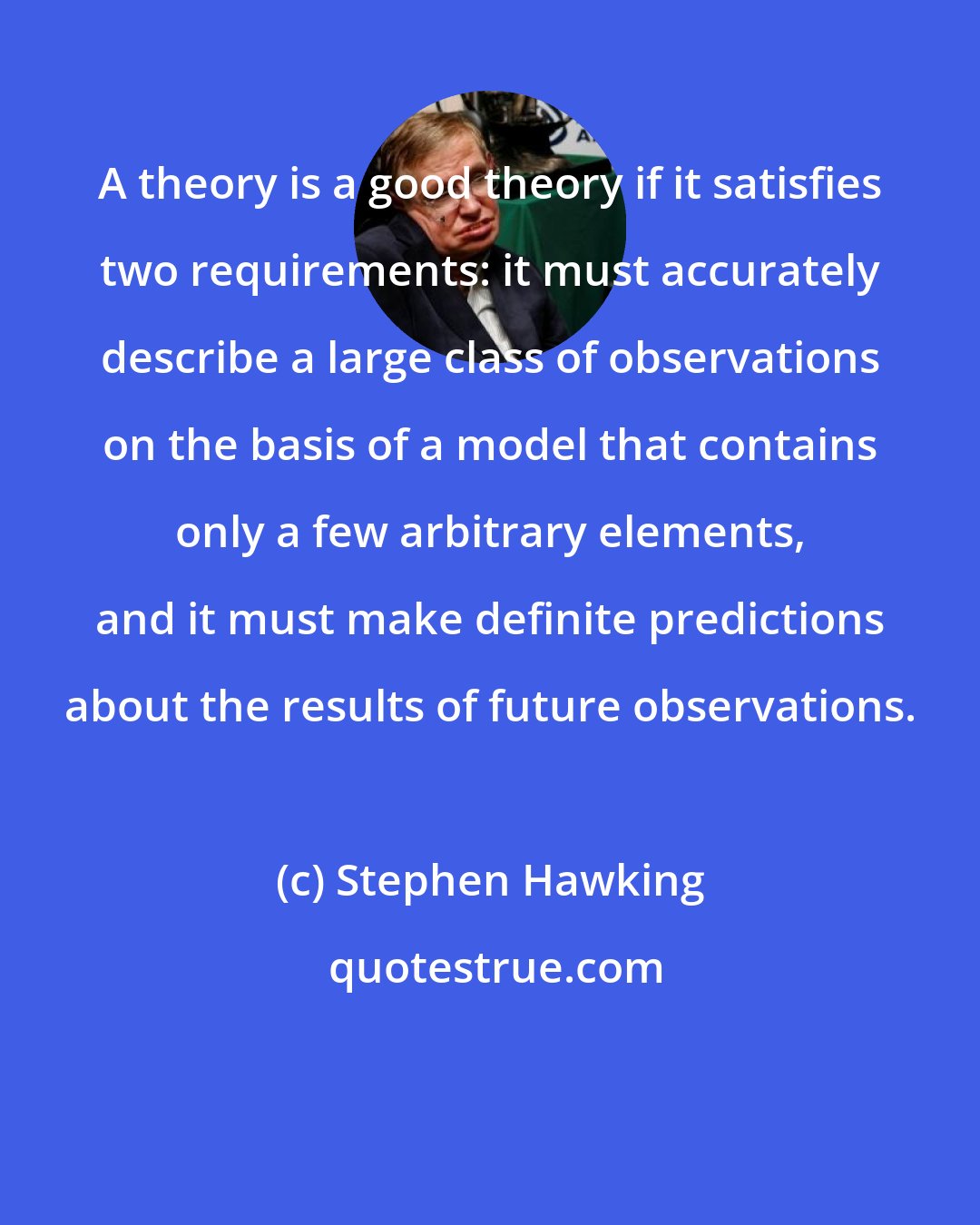 Stephen Hawking: A theory is a good theory if it satisfies two requirements: it must accurately describe a large class of observations on the basis of a model that contains only a few arbitrary elements, and it must make definite predictions about the results of future observations.