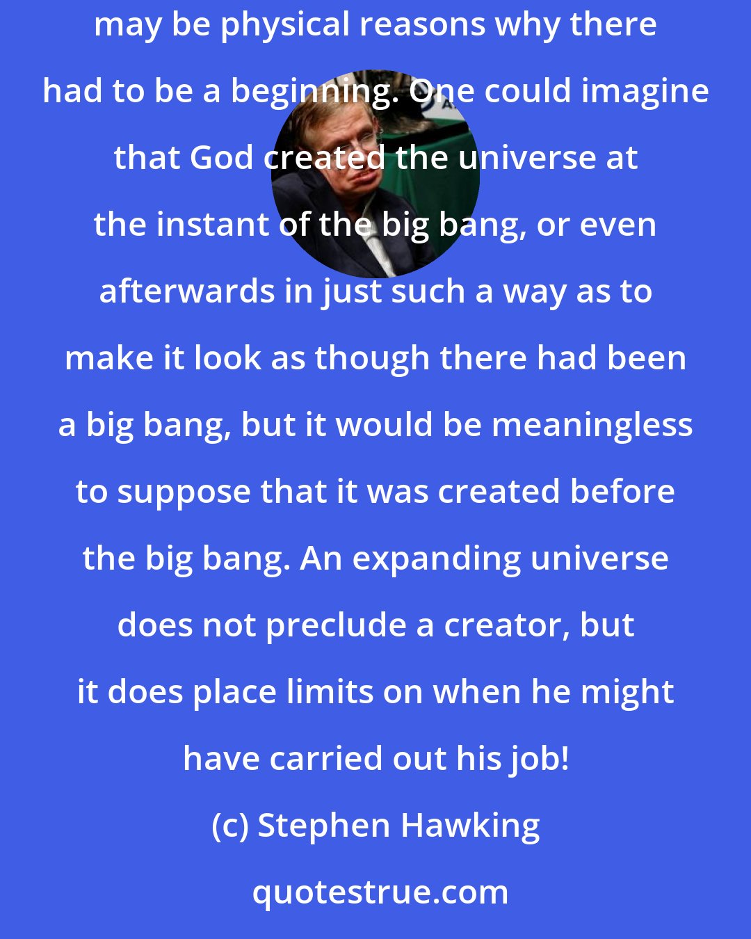 Stephen Hawking: One can imagine that God created the universe at literally any time in the past. On the other hand, if the universe is expanding, there may be physical reasons why there had to be a beginning. One could imagine that God created the universe at the instant of the big bang, or even afterwards in just such a way as to make it look as though there had been a big bang, but it would be meaningless to suppose that it was created before the big bang. An expanding universe does not preclude a creator, but it does place limits on when he might have carried out his job!